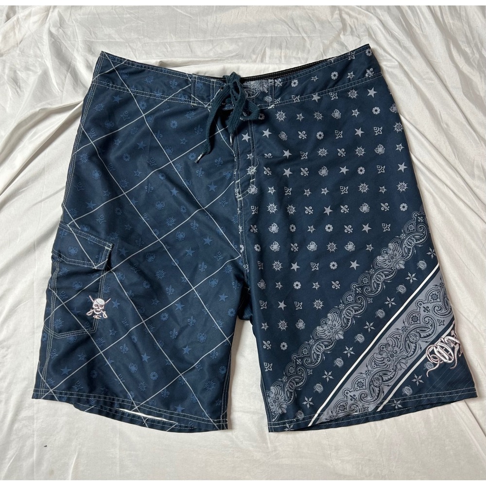 O'Neill Vintage Mens Board Shorts Navy Blue Paisley Skull Cargo Y2K Swim 38